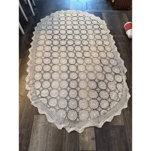 Large Handmade Crochet Oval Tablecloth Ivory Lace Boho Farmhouse 59x83